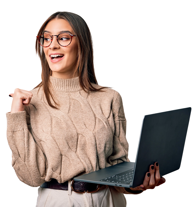 Happy woman holding an open laptop, representing home office setup and business insurance.